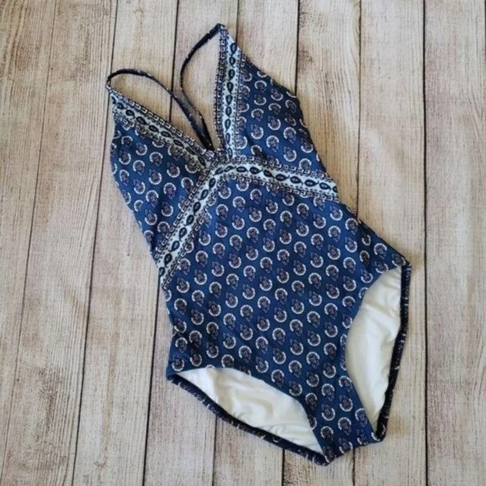 LOFT Beach Paisley Halter V-Neck Cross Back Strap One-Piece Swimsuit